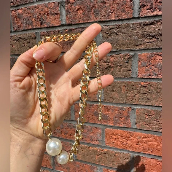 Gold Link Pearl Chain Choker Necklace - Picture 6 of 7